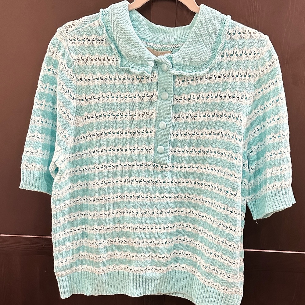 Ryegrass Aqua Striped Knit Top with Collar